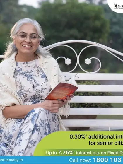 A serene lifestyle shot for a senior citizen fixed deposit plan. The setting and model's expression are carefully chosen to convey peace and security.