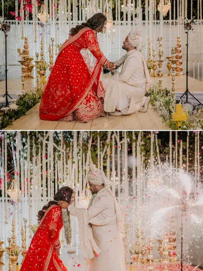 The ritual of the varmala exchange, showing the playful and tender moments between Priya and Rahul as they officially begin their ceremony.
