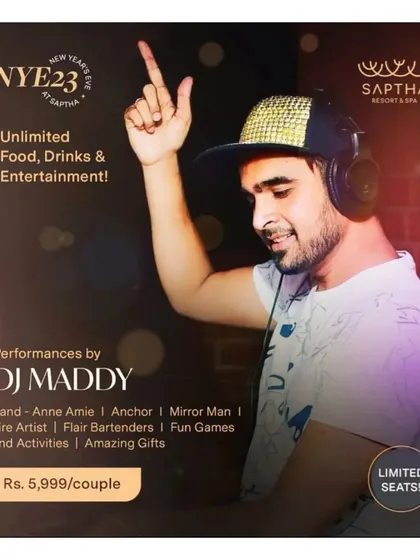 This poster for a New Year's Eve 2023 event shows the complete entertainment package I can be a part of, including bands, anchors, and fire artists for a full-power party.