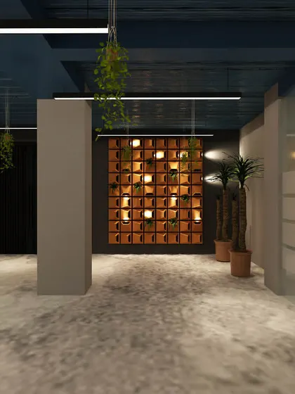 A minimalist office space with graffiti art and unique lighting fixtures. The design blends industrial elements with artistic touches to create a creative and stimulating work environment.