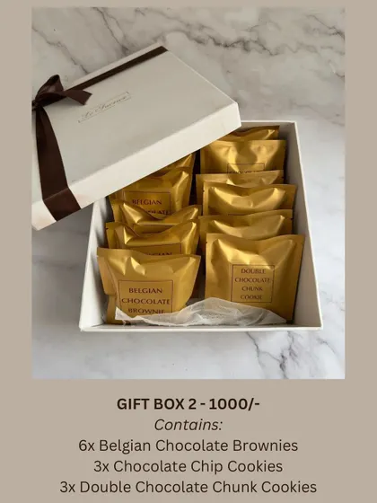 Part of my Rakhi Edit, this gift box is perfect for sharing. It contains six Belgian Chocolate Brownies, three Chocolate Chip Cookies, and three Double Chocolate Chunk Cookies.