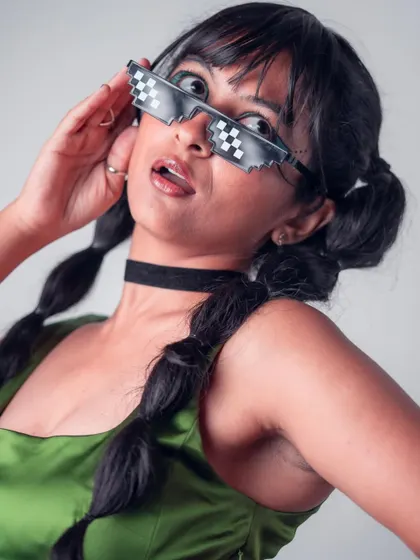 Bringing a bit of meme culture to a fashion shoot. Wearing pixelated 'thug life' glasses, this shot shows I don't take myself too seriously and am up for fun, creative ideas.