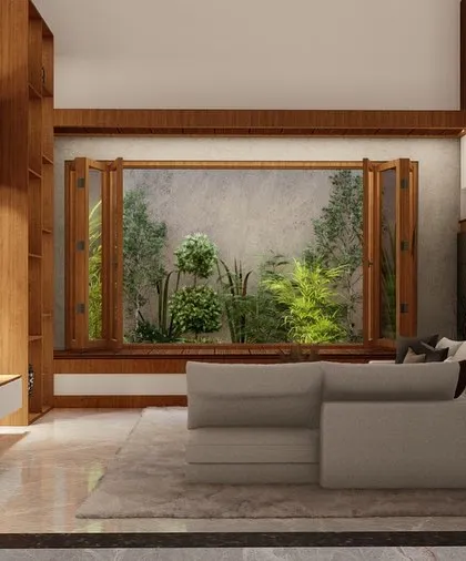 This design focuses on bringing the outdoors in, with large windows and natural wood elements. The traditional wooden pillars add a classic touch to this otherwise modern living space.