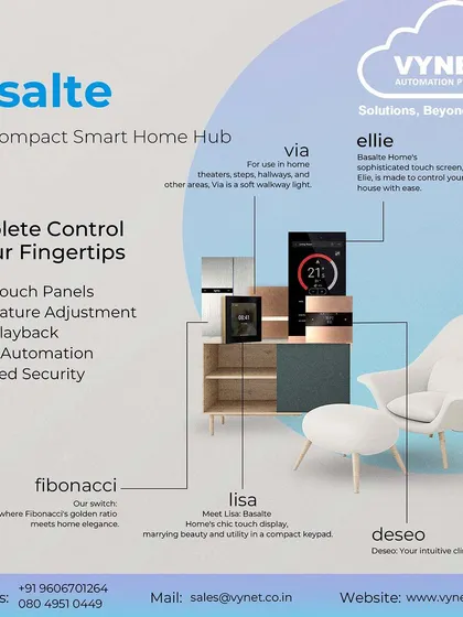 This graphic showcases the Basalte product family, a compact and complete smart home hub. From the Fibonacci switch to the Ellie touch screen, we install these systems for total control over your home.