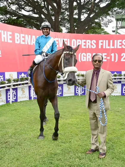 Shamrock, winner of The H.H. Krishnaraja Wadiyar Cup, with jockey Suraj Narredu.