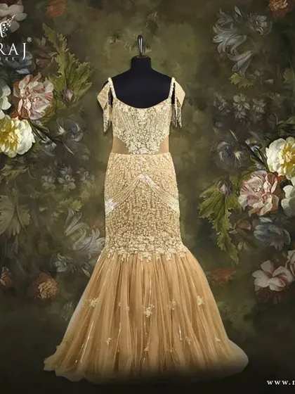 Another view of the gilded gold mermaid gown, a showstopper that embodies elegance.