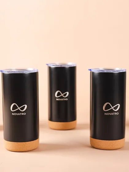 A set of custom-branded tumblers for the Novatro.ai team. We ensure the logo placement and quality are perfect on every single item.