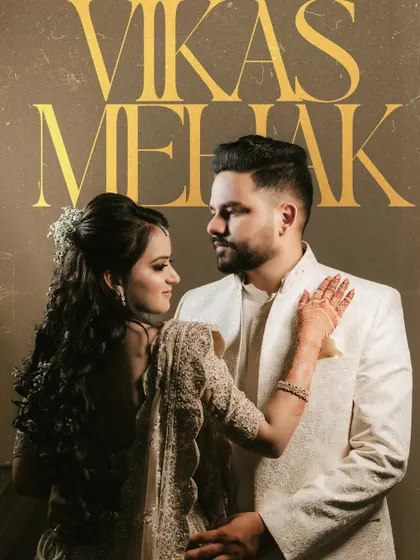 A stylish portrait of the couple, Vikas and Mehak, against a custom backdrop with their names in gold.