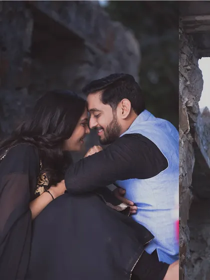A sweet, intimate moment with their foreheads touching. This pre-wedding shot is all about their quiet connection and the love that shines between them.