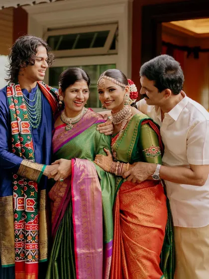 A beautiful family portrait from Meghna’s Mahuratham. I created coordinated, elegant makeup for both the bride and her mother, ensuring they both looked stunning in their traditional silk sarees.