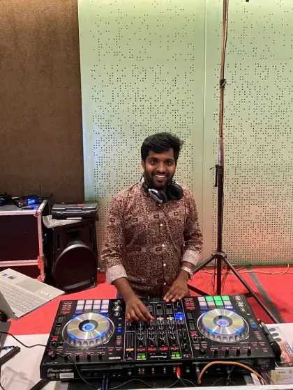 A full view of my console at an indoor venue. I make sure my technical setup is clean and professional for every gig.