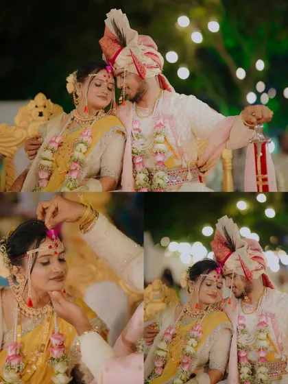 A collection of tender moments from a 'lagn'. From the groom applying 'sindoor' to the couple sharing a quiet moment, these are the memories that last a lifetime.