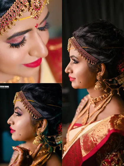 A detailed collage of the bride's makeup and profile, highlighting the artistry of her wedding look.