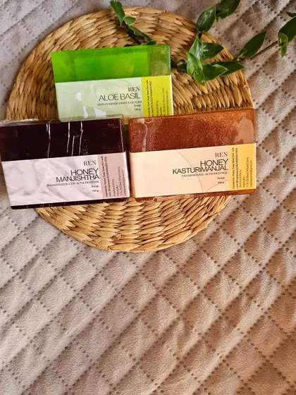My summer soap bundle featuring Honey Manjishtha, Aloe Basil, and Honey Kasturimanjal, perfect for fighting tan and soothing skin.
