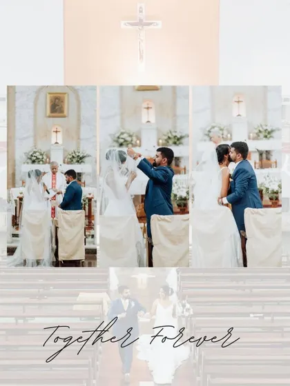 A collage of church ceremony moments with a "Together Forever" overlay. This tells the story of the vows in a beautiful, narrative style.