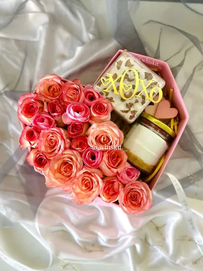 Another variation of my heart-shaped gift box, this one featuring a brownie slab, a jarred dessert, and fresh roses.