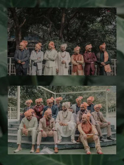 A collage showing the groom with his groomsmen, capturing the camaraderie and support of his friends on his big day.