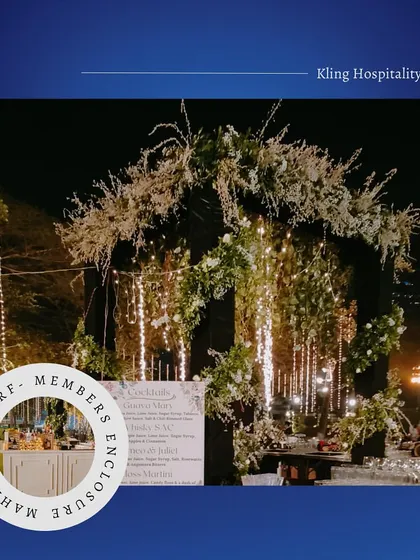 Our bar setup at the Mahalaxmi Turf Club members' enclosure, designed for an exclusive event. The floral arch and fairy lights create a beautiful and inviting space for guests to gather and socialize.