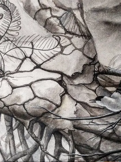 A detail of the 'Sapling' underpainting. The intricate line work for the fern and the texture of the cracked hand are carefully rendered in acrylic before any oil paint is applied.
