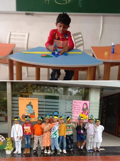 A student engages in a craft activity for Janmashtami, while others line up in their patriotic outfits for Independence Day, showcasing a blend of cultural and national celebrations.