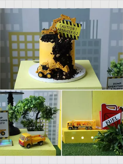 Details from the construction party, including a themed cake with a mini excavator, and small toy trucks used as decor.