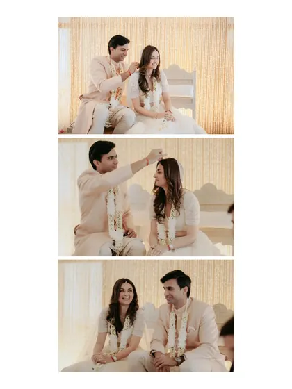 A collage of the couple during their simple, intimate wedding ceremony, showing the exchange of blessings and happy smiles.