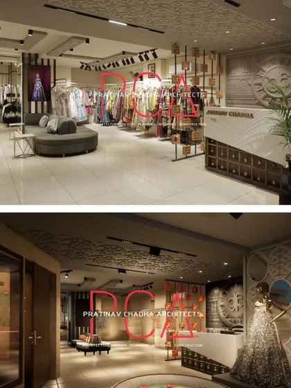 A second "Render to Reality" view of the Jubinav Chadha studio, showcasing the alignment between the conceptual design and the finished retail space from a different angle.