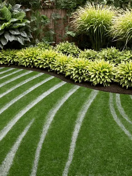 A creative lawn design with artistic stripes, bordered by lush, textured hosta plants. We can create unique patterns to make your lawn a true work of art.