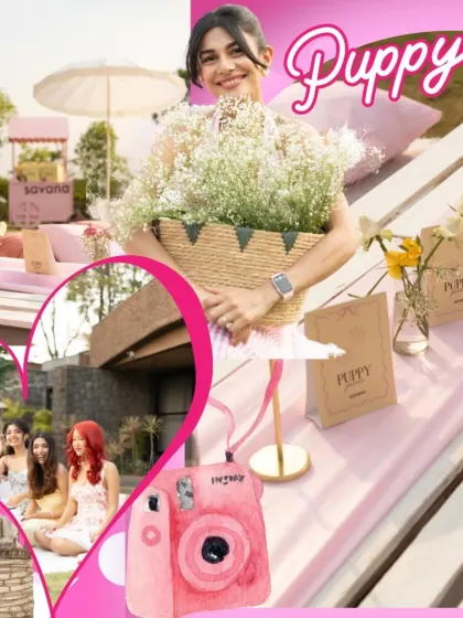 This collage showcases the branding and aesthetic details of the puppy picnic, including custom gift bags and a polaroid camera for capturing memories.