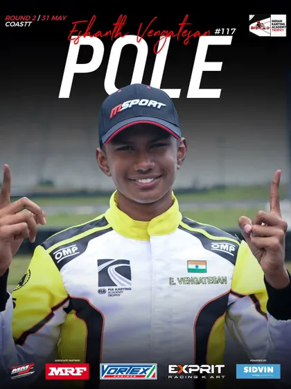Pole position for Eshanth Vengatesan in the OK Junior category, locking in the front row.