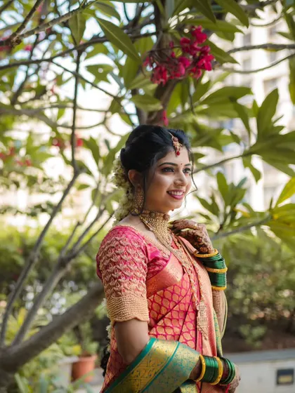 A happy, candid shot of the bride in a garden setting, her smile capturing the joy of her wedding day.