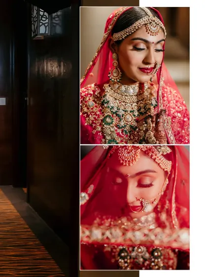 A collage of close-up bridal portraits, focusing on her serene expressions and the details of her jewelry and veil.