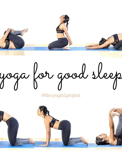 A visual guide to six easy, beginner-level yoga stretches to help you get a good night's sleep. These poses help release the day's tension from your body and calm your mind.