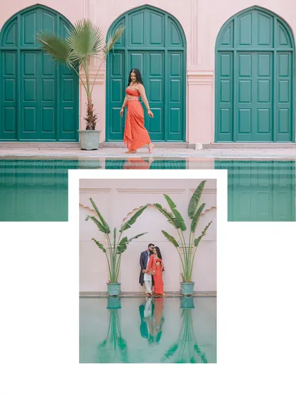 A creative collage combining two different perspectives of a couple by the pool at a heritage palace.