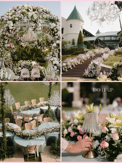 A collage of a single wedding, showing how we tie the theme together from the grand mandap and the staircase decor to the intricate details of the table settings.