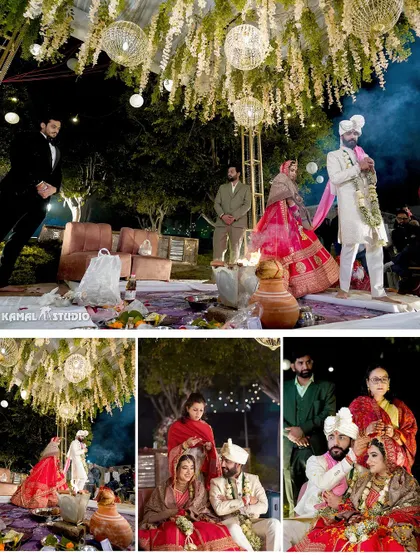 A collage of the wedding ceremony, showing the couple during the pheras under a beautifully decorated mandap.