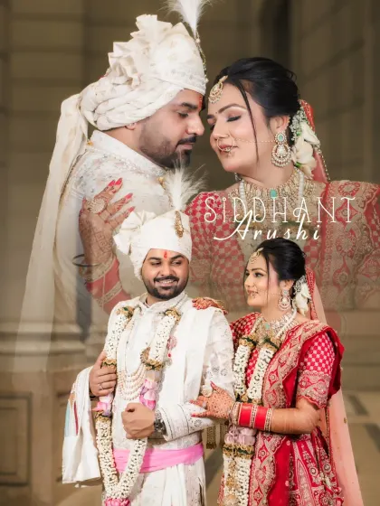 A dreamy, layered portrait of the couple, creating a romantic and artistic effect.