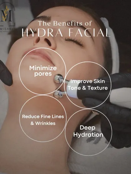 This infographic summarizes the key benefits of a HydraFacial, including pore minimization, improved skin tone, reduced fine lines, and deep hydration.