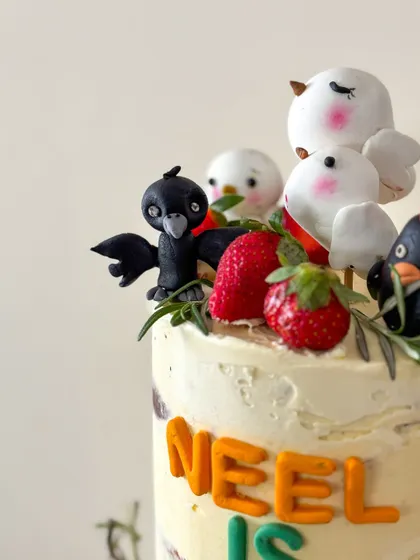 A close-up on the handmade fondant crow and bird toppers from the semi-naked farm cake.