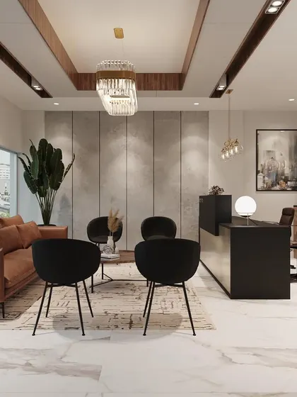 A wide view of the CA Office reception and waiting area. The design balances professional elements like the sleek desk with comfortable touches like the plush sofa and warm lighting.