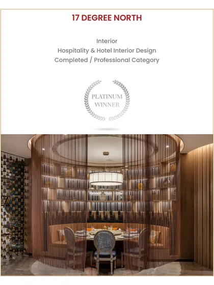 Our project, 17 Degrees North, was honored with the Platinum Winner award in the Hospitality & Hotel Interior Design category by the ADC Community, recognizing its unique blend of Hyderabadi aesthetics and contemporary design.