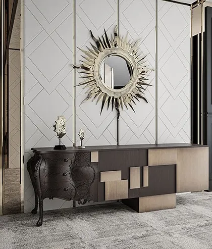 The Abacus Sideboard is a masterful fusion of past and present. Its unique design combines classic carved details with modern geometric shapes, creating a true statement piece.