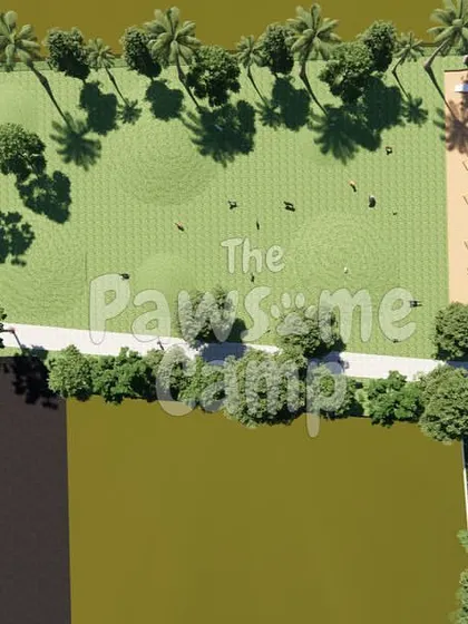 An aerial view from our design plans, showing the scale of our 2-acre facility, including the large playfield, agility zone, and pool.