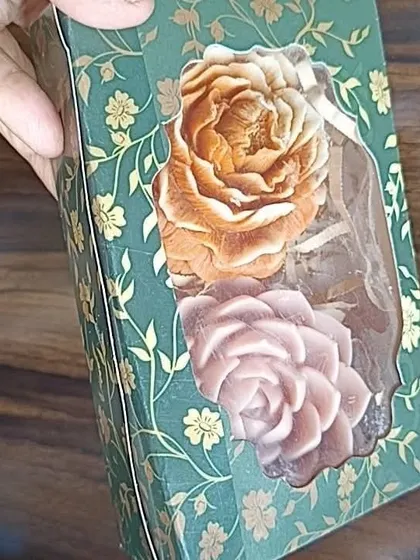 Two large rose soaps beautifully packaged in my green floral gift box. The window cut-out perfectly frames the products.