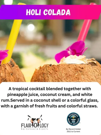The 'Holi Colada' is a tropical twist for your festivities. This recipe blends pineapple juice, coconut cream, and white rum, served in a coconut shell.