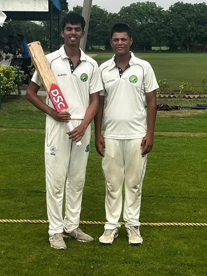 Shreyansh Karnwal and Rupank Aggarwal after their match-winning partnership for the Delhi Blues U19 team.