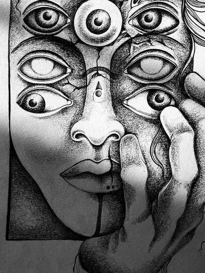 A digitally shaded version of the multi-eyed portrait.