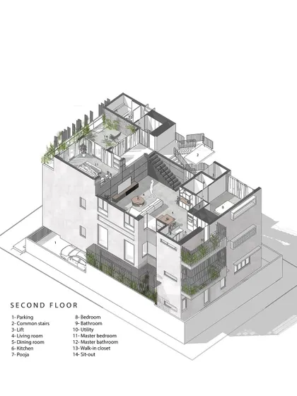 The second-floor plan for 'Triode' in an axonometric view. This level of detail in our drawings ensures that every aspect of the design, from room layouts to furniture placement, is carefully considered.