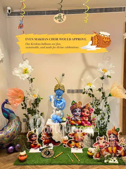 Even Makhan Chor would approve of this Janmashtami setup. My custom Krishna balloon sculpture is the star, surrounded by adorable character cutouts and a peacock balloon to bring the vibes of Vrindavan to your home.