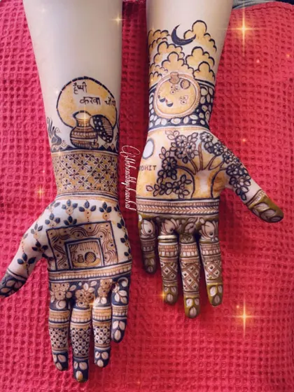 A unique Karwa Chauth design with a tree of life, the moon, and a 'kalash' (pot) with a coconut, all representing prosperity and tradition.
